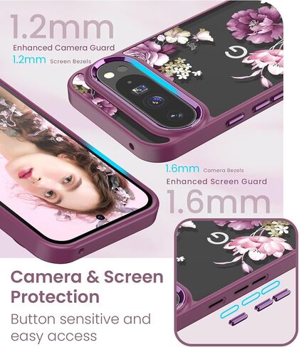 for Google 9/9 Pro Case+Tempered Glass Screen Protector, [Military Grade Protective] Slim Soft TPU & Hard PC,Girls Women Crystal Clear Flower Pattern Case Cover for Pixel 9/9 Pro-Purple in Saudi Arabia