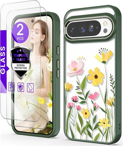 for Google 9/9 Pro Case+Tempered Glass Screen Protector, [Military Grade Protective] Slim Soft TPU & Hard PC,Girls Women Crystal Clear Flower Pattern Case Cover for Pixel 9/9 Pro-Purple in Saudi Arabia