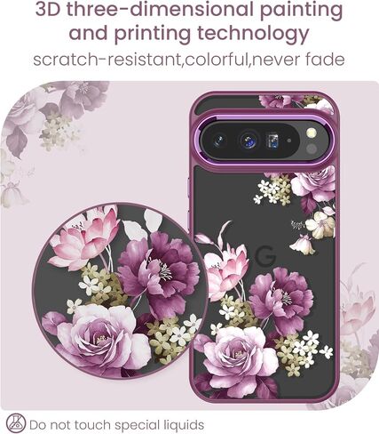 for Google 9/9 Pro Case+Tempered Glass Screen Protector, [Military Grade Protective] Slim Soft TPU & Hard PC,Girls Women Crystal Clear Flower Pattern Case Cover for Pixel 9/9 Pro-Purple in Saudi Arabia