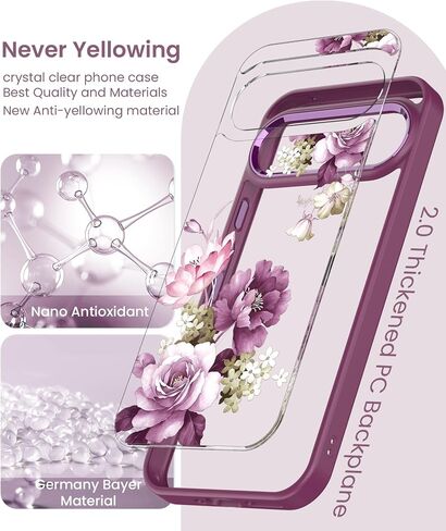 for Google 9/9 Pro Case+Tempered Glass Screen Protector, [Military Grade Protective] Slim Soft TPU & Hard PC,Girls Women Crystal Clear Flower Pattern Case Cover for Pixel 9/9 Pro-Purple in Saudi Arabia