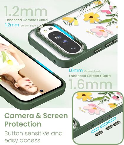 for Google 9/9 Pro Case+Tempered Glass Screen Protector, [Military Grade Protective] Slim Soft TPU & Hard PC,Girls Women Crystal Clear Flower Pattern Case Cover for Pixel 9/9 Pro-Purple in Saudi Arabia