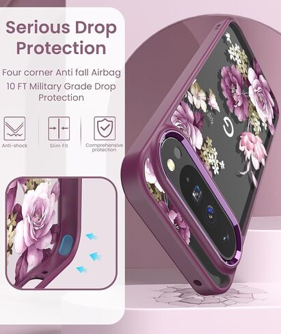 for Google 9/9 Pro Case+Tempered Glass Screen Protector, [Military Grade Protective] Slim Soft TPU & Hard PC,Girls Women Crystal Clear Flower Pattern Case Cover for Pixel 9/9 Pro-Purple in Saudi Arabia