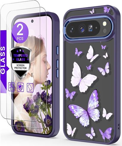for Google 9/9 Pro Case+Tempered Glass Screen Protector, [Military Grade Protective] Slim Soft TPU & Hard PC,Girls Women Crystal Clear Flower Pattern Case Cover for Pixel 9/9 Pro-Purple in Saudi Arabia