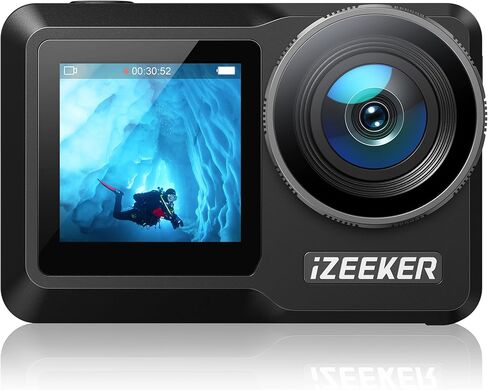 كاميرا iZEEKER Action 4K 60FPS مع شاشة تعمل باللمس، وكاميرا تحت الماء 40 مترًا مقاومة للماء، وكاميرا تسجيل فيديو مزدوجة الشاشة مع EIS، وواي فاي، وجهاز تحكم عن بعد مع بطاريتين 1350 مللي أمبير في الساعة، وشاحن بطارية ومجموعة ملحقات in Kuwait