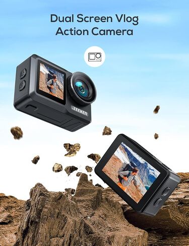 كاميرا iZEEKER Action 4K 60FPS مع شاشة تعمل باللمس، وكاميرا تحت الماء 40 مترًا مقاومة للماء، وكاميرا تسجيل فيديو مزدوجة الشاشة مع EIS، وواي فاي، وجهاز تحكم عن بعد مع بطاريتين 1350 مللي أمبير في الساعة، وشاحن بطارية ومجموعة ملحقات in Kuwait