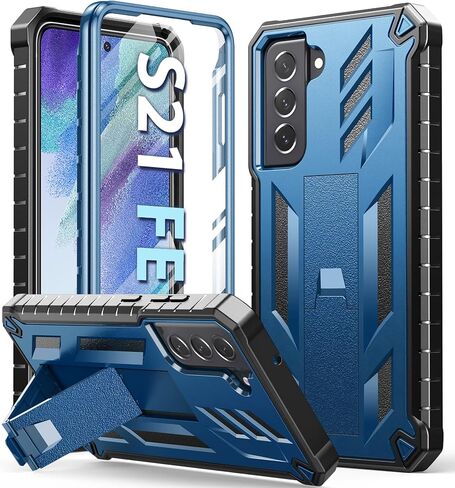 for Samsung Galaxy S21-FE Protective Case: Dual-Layer Military Grade Drop Proof Full Protection Cover with Kickstand | Durable Rugged Shockproof TPU Matte Textured Tough Phone Bumper Shell (Black) in Saudi Arabia