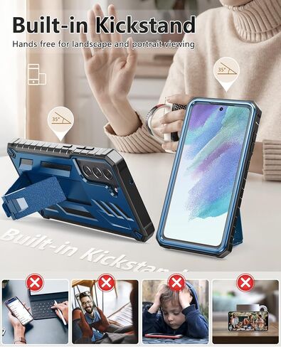 for Samsung Galaxy S21-FE Protective Case: Dual-Layer Military Grade Drop Proof Full Protection Cover with Kickstand | Durable Rugged Shockproof TPU Matte Textured Tough Phone Bumper Shell (Black) in Saudi Arabia