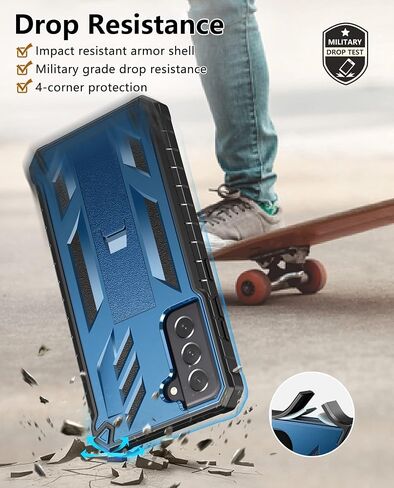 for Samsung Galaxy S21-FE Protective Case: Dual-Layer Military Grade Drop Proof Full Protection Cover with Kickstand | Durable Rugged Shockproof TPU Matte Textured Tough Phone Bumper Shell (Black) in Saudi Arabia