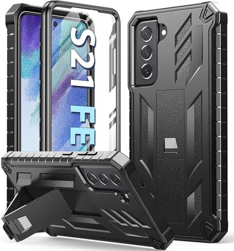 for Samsung Galaxy S21-FE Protective Case: Dual-Layer Military Grade Drop Proof Full Protection Cover with Kickstand | Durable Rugged Shockproof TPU Matte Textured Tough Phone Bumper Shell (Black) in Saudi Arabia