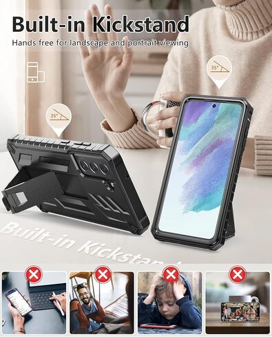 for Samsung Galaxy S21-FE Protective Case: Dual-Layer Military Grade Drop Proof Full Protection Cover with Kickstand | Durable Rugged Shockproof TPU Matte Textured Tough Phone Bumper Shell (Black) in Saudi Arabia