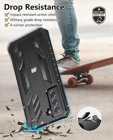 for Samsung Galaxy S21-FE Protective Case: Dual-Layer Military Grade Drop Proof Full Protection Cover with Kickstand | Durable Rugged Shockproof TPU Matte Textured Tough Phone Bumper Shell (Black) in Saudi Arabia