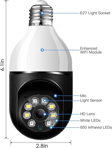 كاميرا مراقبة eoqo 360° 1080P E27 بمصباح كهربائي، 5G و2.4G WiFi، رؤية ليلية ملونة، كشف الحركة، صوت ثنائي الاتجاه، تخزين SD/Cloud، سهل التركيب in Kuwait