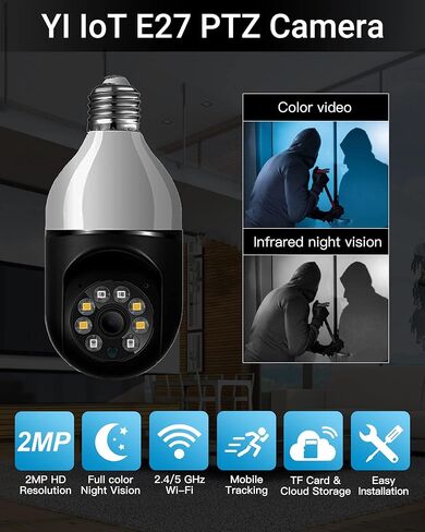 كاميرا مراقبة eoqo 360° 1080P E27 بمصباح كهربائي، 5G و2.4G WiFi، رؤية ليلية ملونة، كشف الحركة، صوت ثنائي الاتجاه، تخزين SD/Cloud، سهل التركيب in Kuwait