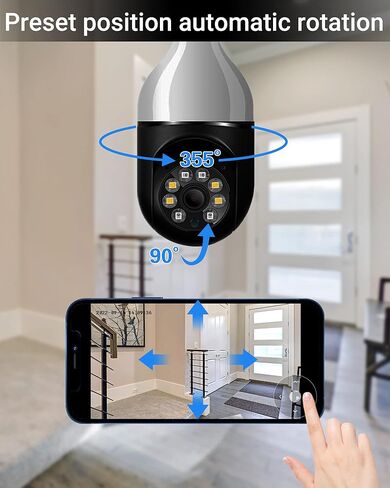 كاميرا مراقبة eoqo 360° 1080P E27 بمصباح كهربائي، 5G و2.4G WiFi، رؤية ليلية ملونة، كشف الحركة، صوت ثنائي الاتجاه، تخزين SD/Cloud، سهل التركيب in Kuwait