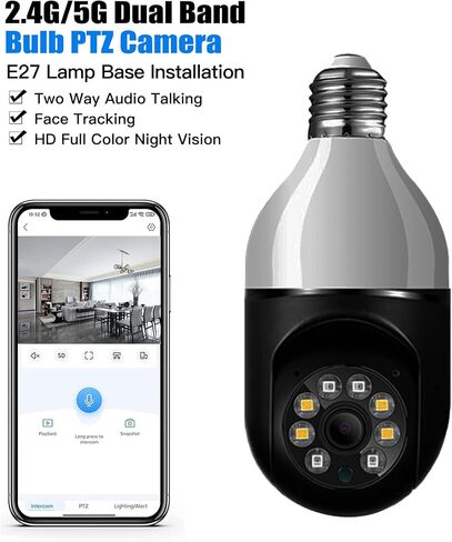 كاميرا مراقبة eoqo 360° 1080P E27 بمصباح كهربائي، 5G و2.4G WiFi، رؤية ليلية ملونة، كشف الحركة، صوت ثنائي الاتجاه، تخزين SD/Cloud، سهل التركيب in Kuwait