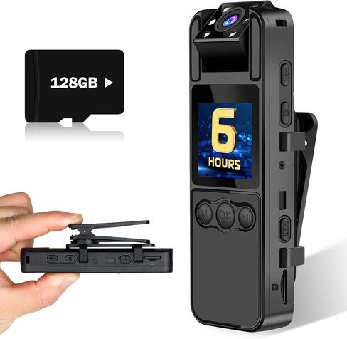Body Camera with Audio and Video Recording, 6 Hours HD 1080P Body Cam with 180° Rotating Lens, Spring Backclip, Night Vision, Wearable Recorder for Personal Civilians in Saudi Arabia