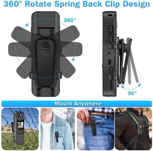 Body Camera with Audio and Video Recording, 6 Hours HD 1080P Body Cam with 180° Rotating Lens, Spring Backclip, Night Vision, Wearable Recorder for Personal Civilians in Saudi Arabia
