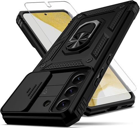 for Samsung Galaxy S22 Plus Case,with Camera Lens Cover HD Screen Protector,[Military Grade] Ring Car Mount Kickstand Hybrid Hard PC Soft TPU Shockproof Protective Case for Galaxy S22 Plus, Black in Saudi Arabia