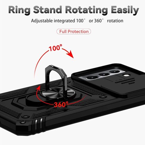 for Samsung Galaxy S22 Plus Case,with Camera Lens Cover HD Screen Protector,[Military Grade] Ring Car Mount Kickstand Hybrid Hard PC Soft TPU Shockproof Protective Case for Galaxy S22 Plus, Black in Saudi Arabia