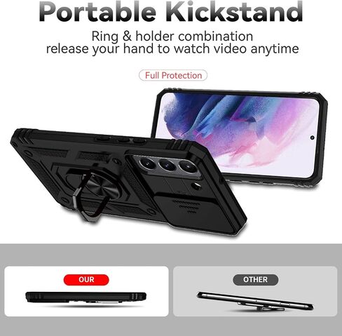 for Samsung Galaxy S22 Plus Case,with Camera Lens Cover HD Screen Protector,[Military Grade] Ring Car Mount Kickstand Hybrid Hard PC Soft TPU Shockproof Protective Case for Galaxy S22 Plus, Black in Saudi Arabia