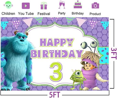 خلفية بيربل مونستر إنك لمستلزمات حفلات أعياد الميلاد الثالثة مقاس 5 × 3 أقدام مونستر إنك بوو موضوع لافتة استحمام الطفل لتزيين طاولة الكيك وحفلات أعياد الميلاد in Kuwait