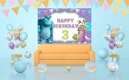 خلفية بيربل مونستر إنك لمستلزمات حفلات أعياد الميلاد الثالثة مقاس 5 × 3 أقدام مونستر إنك بوو موضوع لافتة استحمام الطفل لتزيين طاولة الكيك وحفلات أعياد الميلاد in Kuwait