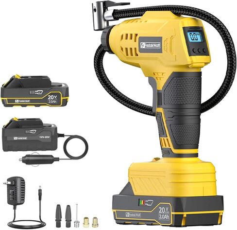 Tire Inflator Portable Air Compressor,20V Cordless Car Tire Pump, Rechargeable Battery w/12V Power Adapter&Gauge Display, Pump for Car Tires, Motorcycles, Bicycles, Balls (Blue) in Saudi Arabia