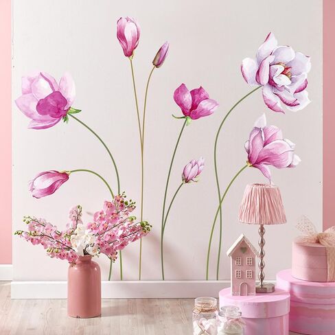 ملصقات حائط على شكل زهور لغرف الفتيات، ملصقات حائط على شكل زهرة اللوتس الوردية على الطراز الصيني، لوحات جدارية فنية جدارية من الفينيل قابلة للتقشير واللصق لخلفية غرفة المعيشة والمكتب والتليفزيون in Kuwait