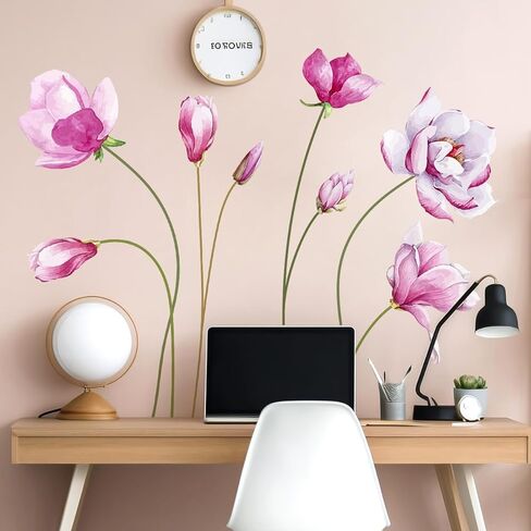 ملصقات حائط على شكل زهور لغرف الفتيات، ملصقات حائط على شكل زهرة اللوتس الوردية على الطراز الصيني، لوحات جدارية فنية جدارية من الفينيل قابلة للتقشير واللصق لخلفية غرفة المعيشة والمكتب والتليفزيون in Kuwait