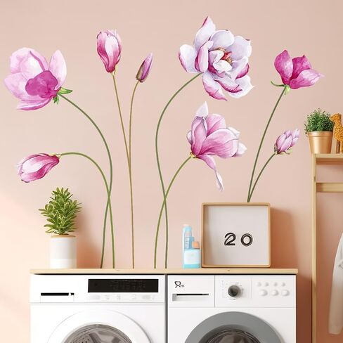ملصقات حائط على شكل زهور لغرف الفتيات، ملصقات حائط على شكل زهرة اللوتس الوردية على الطراز الصيني، لوحات جدارية فنية جدارية من الفينيل قابلة للتقشير واللصق لخلفية غرفة المعيشة والمكتب والتليفزيون in Kuwait