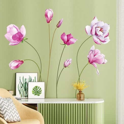ملصقات حائط على شكل زهور لغرف الفتيات، ملصقات حائط على شكل زهرة اللوتس الوردية على الطراز الصيني، لوحات جدارية فنية جدارية من الفينيل قابلة للتقشير واللصق لخلفية غرفة المعيشة والمكتب والتليفزيون in Kuwait