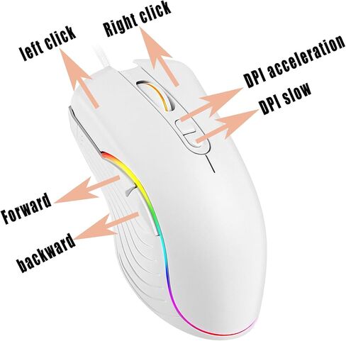 Gaming Mouse,RGB Wired Optical Gamer Mouse & 5 Backlit Modes,1200-1800-2400-3600DPI Ergonomic Computer Mouse Gaming for Windows/PC/Mac/Laptop Gamer- Mercury White in Saudi Arabia