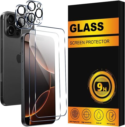 【عبوتان + 2】 واقي شاشة iPhone 16 Pro + واقي عدسة الكاميرا طبقة من الزجاج المقوى صلابة 9H [مقاوم للكسر من الدرجة العسكرية] سهل التركيب ومضاد للخدش وخالي من الفقاعات in Kuwait