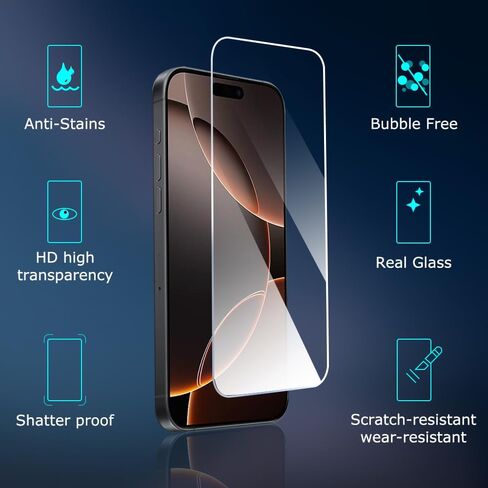 【عبوتان + 2】 واقي شاشة iPhone 16 Pro + واقي عدسة الكاميرا طبقة من الزجاج المقوى صلابة 9H [مقاوم للكسر من الدرجة العسكرية] سهل التركيب ومضاد للخدش وخالي من الفقاعات in Kuwait