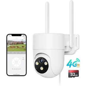 LIWAN 4G LTE Cellular Security Camera Wired Outdoor, No WiFi Security Camera, 24/7 Recording, 360° View, 2K Color Night Vision, 2-Way Talk, Built-in SIM Card and 32G Memory Card, Unlimited Data Plan