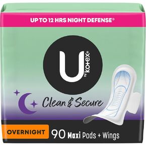 U by Kotex Clean & Secure Overnight Maxi Pads with Wings, 90 Count (3 Packs of 30) (Packaging May Vary)