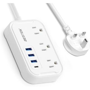 BESTEK Ireland Travel Plug Adapter, US to UK Plug Adapter with 3 American Outlets & 4 USB, 2.6ft Europea Power Cord, International Travel Power Strip, Type G for US to Most of Britain Travel