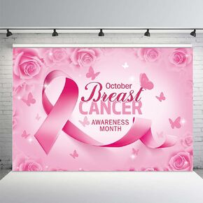 MEHOFOND 7x5ft Breast Cancer Awareness Backdrop for Party Decor Pink Ribbon Girl Support Fight October Photography Background Fight for A Cure Inspirational Logo Character Art Portrait Banner
