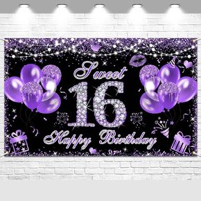 Avezano Sweet 16 عيد ميلاد راية الأرجواني الحلو ستة عشر حزب زينة خلفية بريق بالون 16 سنة عيد ميلاد صور الدعائم لوازم 70.8x43.3 بوصة