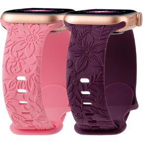 Floral Engraved Band Compatible with Apple Watch Bands 40mm 41mm 38mm 42mm 44mm 45mm 49mm Women, Cute Soft Flower Silicone Designer Sport Strap For iWatch Ultra 2 SE Series 9 8 7 6 5 4 3 2 1