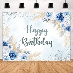 MEHOFOND 7x5ft Boho Happy Birthday Backdrop for Girls Women Boho Birthday Party Decorations Banner Supplies Bohemian Blue White Floral Pampas Grass Photography Background Photo Shoot Props
