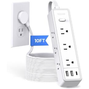 Surge Protector Power Strip 10 FT, Flat Extension Cord with 9 Widely Outlets 3 USB Ports(1 USB C), Flat Plug, 3 Side Extension Cord with Multiple Outlets, Mounted, for Indoor Home Office, White