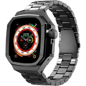 Luxury Aluminum Case with Stainless Steel Band for Apple Watch Ultra/Ultra 2 Titanium 49mm, Rugged Metal Military Protective Cover Protector, Tactical Heavy Duty Protection for Men iWatch, Silver