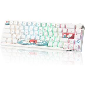 A68 White Hot Swappable Mechanical Keyboard 68 Keys Backlit RGB Gaming Keyboard with Multimedia Volume Knob Custom Keyboard for Win/Mac(Coral Sea Keycaps)