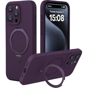 CellEver Strong Magnetic Case for iPhone 15 Pro Max [for MagSafe Charging] [Camera Shield] Heavy-Duty Protection, Soft Grip Silicone Cover with Kickstand, Deep Purple