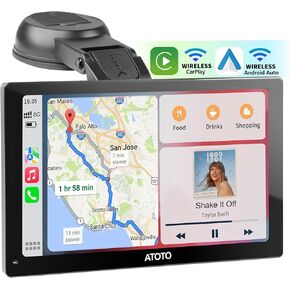 ستيريو سيارة لاسلكي مع Carplay وAndroid Auto، شاشة تشغيل سيارة QLED محمولة 7 بوصة، شاشة لمس عالية الدقة ATOTOEXCEL تمنع الوهج، راديو السيارة بلوتوث، تعتيم تلقائي، Navi، MirrorLink، AUX/FM/MIC