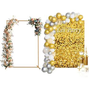 6FTx4FT Square Backdrop Stand with Shimmer Wall Backdrop, Gold Metal Arch Frame with Glitter Sequin Wall Panels(24 pcs) for Ceremony Party Birthday Photo Booth Background Balloon Decoration