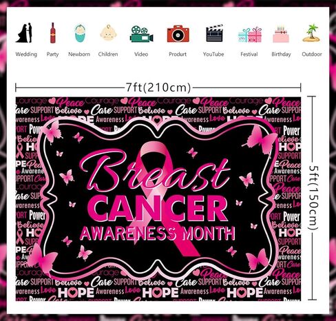 خلفية للتوعية بسرطان الثدي مقاس 7x5أقدام، شريط وردي، خلفية شهر للتوعية بالثدي للنساء، ديكورات حفلات التوعية بسرطان الثدي (84 × 60 بوصة) in Kuwait