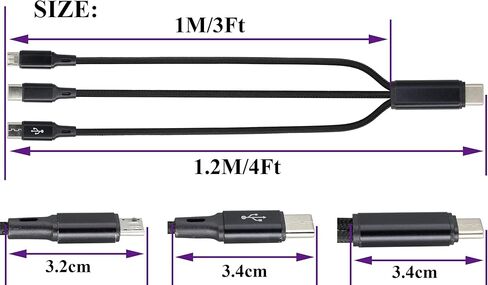 2Pack/20Cm Short 2.0 USB C Multi Charging Cable 5V 3 in 1 USB C Male to 3 Type-C Male Fast Charge Cord Compatible for Mobile/Android and USB Type-C Charging Devices(Black-3 Type C) in Kuwait