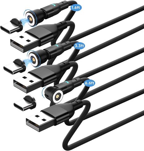 كابل شحن مغناطيسي من النوع C، كابل شاحن هاتف مغناطيسي USB C من النايلون الجديد (1.6 قدم، 3.3 قدم، 6.6 قدم 3 عبوات)، متوافق مع 15/15 Pro Max/15 Plus، S10 S9 S8 Plus (أسود) in Saudi Arabia